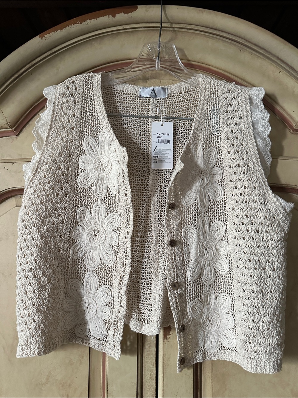 NWT Boutique Brand Cream Crochet Button Vest with Lace trim